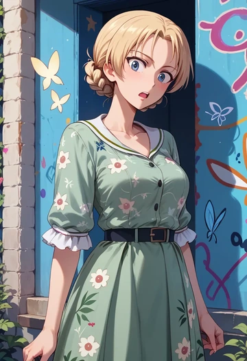 girls_und_panzer,darjeeling_(girls_und_panzer),floral graffiti blouse,dolphin shorts  - AI generated anime art