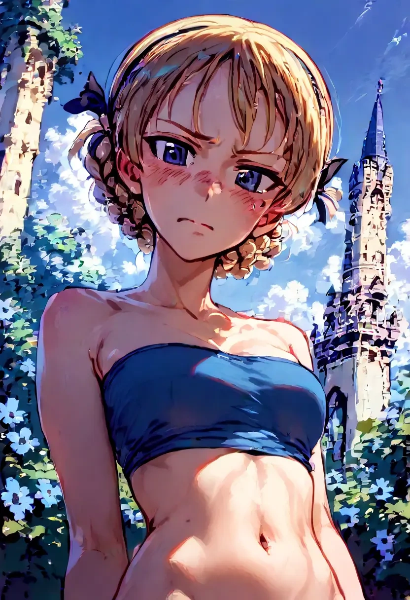 girls_und_panzer,darjeeling_(girls_und_panzer),tube top,jogger shorts  - 