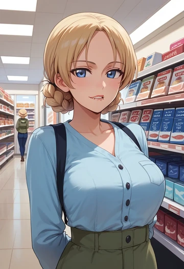 girls_und_panzer,darjeeling_(girls_und_panzer),graphic tee,dolphin shorts  - AI generated anime art