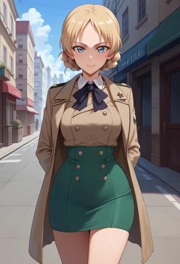 girls_und_panzer,darjeeling_(girls_und_panzer),coat,long,double-breasted,pencil skirt  - AI generated anime art