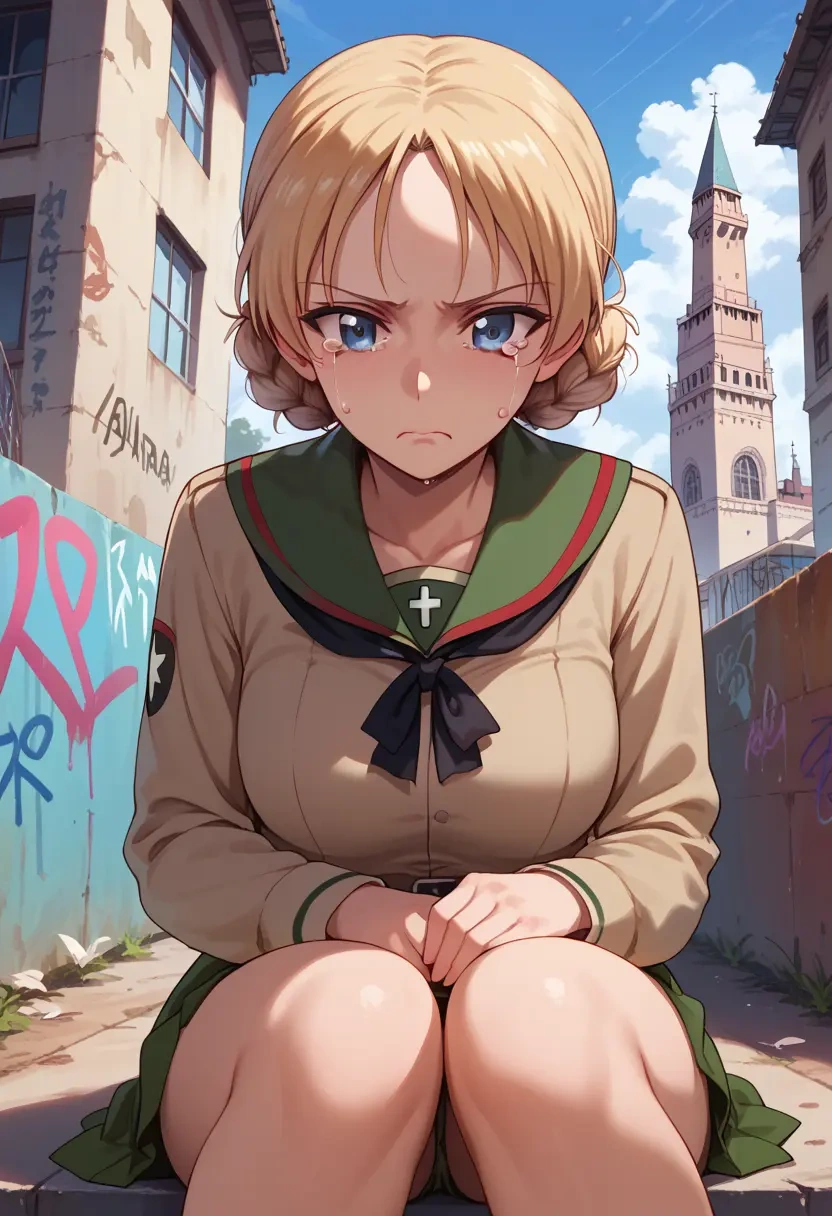 girls_und_panzer,darjeeling_(girls_und_panzer),patchwork graffiti top,dolphin shorts  - 