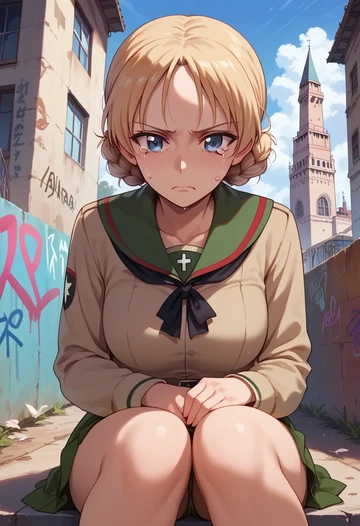 girls_und_panzer,darjeeling_(girls_und_panzer),patchwork graffiti top,dolphin shorts  - AI generated anime art