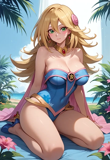 yu-gi-oh!,dark_magician_girl,swimsuit,floral print  - AI generated anime art