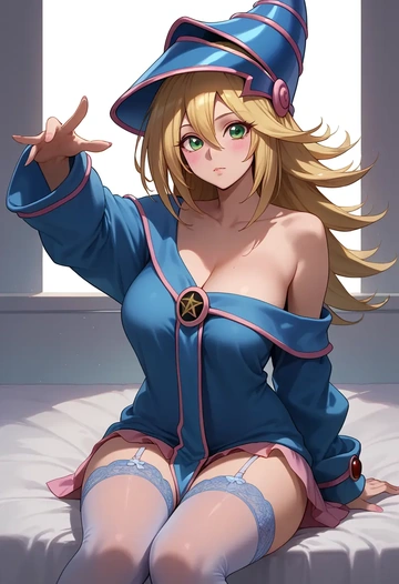 yu-gi-oh!,dark_magician_girl,cross-legged,off-shoulder,sweater,stockings  - AI generated anime art