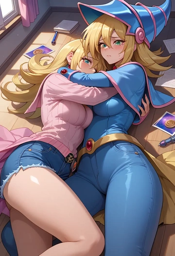 yu-gi-oh!,dark_magician_girl,teacher, sweater, jeans shorts  - AI generated anime art