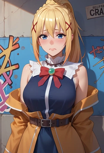 kono_subarashii_sekai_ni_shukufuku_wo!,darkness_(konosuba),striped graffiti blouse,dolphin shorts  - AI generated anime art