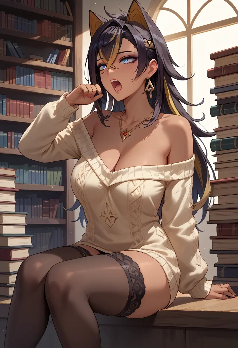 genshin impact,dehya_(genshin_impact),Yawning,off-shoulder,sweater,stockings  - 