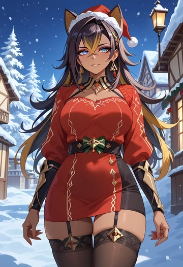 genshin impact,dehya_(genshin_impact),sweater,stockings,Thigh garters  - AI generated anime art