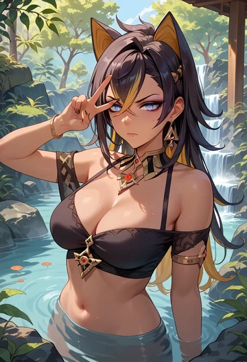 genshin impact,dehya_(genshin_impact),off-shoulder top,dolphin shorts  - AI generated anime art