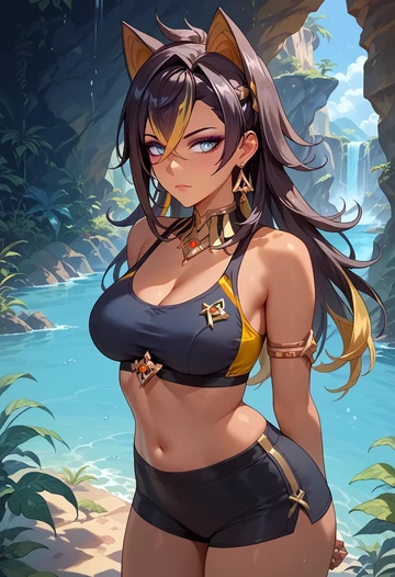 genshin impact,dehya_(genshin_impact),sports bra,wide-leg joggers  - AI generated anime art