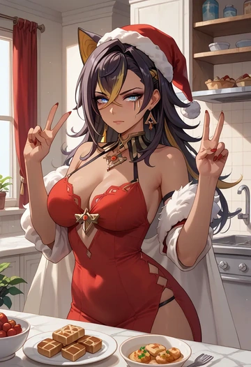 genshin impact,dehya_(genshin_impact),Christmas,red velvet dress  - AI generated anime art