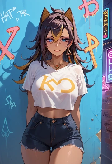 genshin impact,dehya_(genshin_impact),crop graffiti tee,dolphin shorts  - AI generated anime art