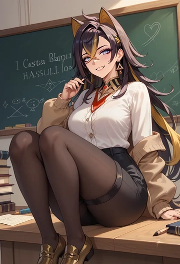 genshin impact,dehya_(genshin_impact),teacher, sweater  - AI generated anime art