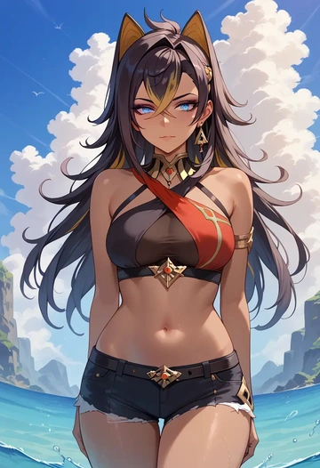 genshin impact,dehya_(genshin_impact),sleeveless swim top,shorts-style bottom,contrast stitching  - AI generated anime art