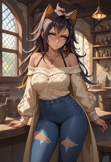 genshin impact,dehya_(genshin_impact),sweater,off-shoulder,ripped jeans  - AI generated anime art