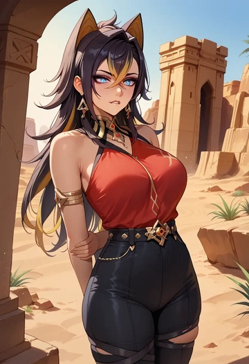 genshin impact,dehya_(genshin_impact),jumpsuit,sleeveless,flare pants  - AI generated anime art