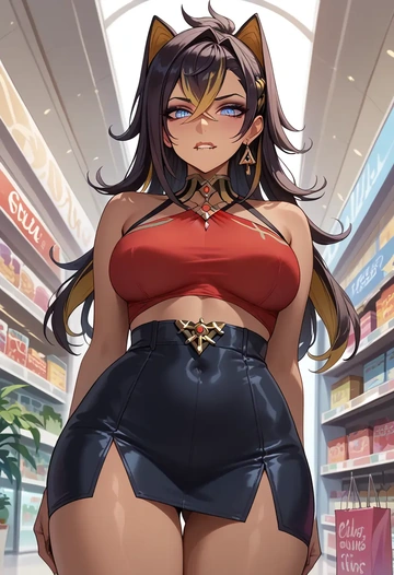 genshin impact,dehya_(genshin_impact),bodysuit,mesh,high-waisted skirt  - AI generated anime art