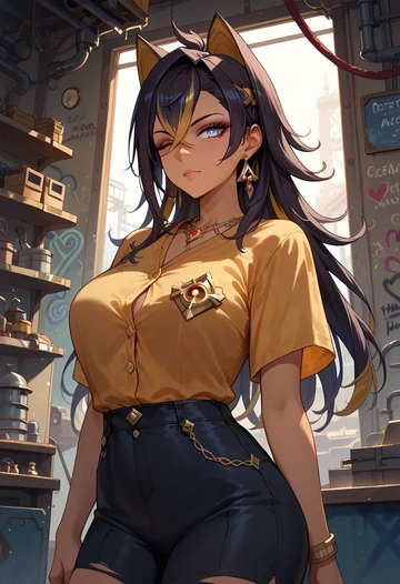 genshin impact,dehya_(genshin_impact),oversized graffiti shirt,dolphin shorts  - AI generated anime art