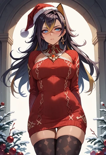 genshin impact,dehya_(genshin_impact),Christmas,sweater dress,stockings  - AI generated anime art