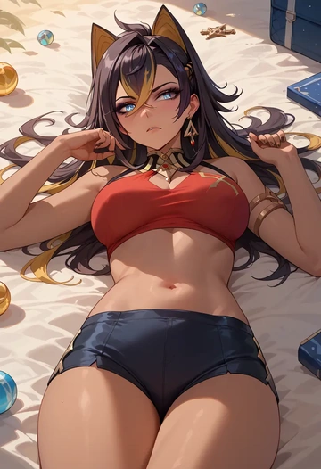 genshin impact,dehya_(genshin_impact),tankini top,board shorts  - AI generated anime art