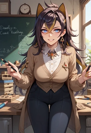 genshin impact,dehya_(genshin_impact),teacher, sweater  - AI generated anime art