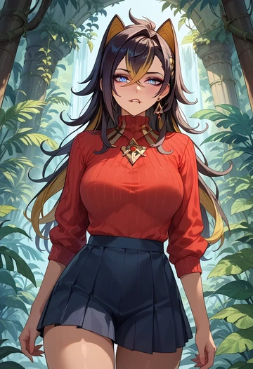 genshin impact,dehya_(genshin_impact),skirt,pleated,turtleneck sweater  - AI generated anime art