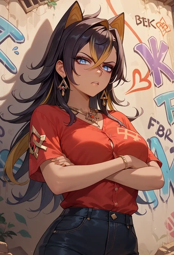 genshin impact,dehya_(genshin_impact),oversized graffiti shirt,dolphin shorts  - AI generated anime art