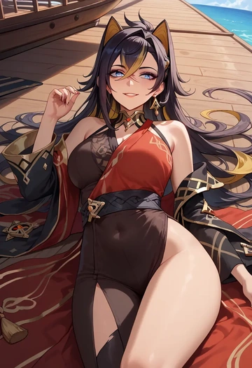 genshin impact,dehya_(genshin_impact),kimono,silk,wide-leg trousers  - AI generated anime art