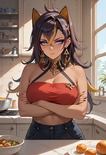 genshin impact,dehya_(genshin_impact),tube top,jogger shorts  - AI generated anime art