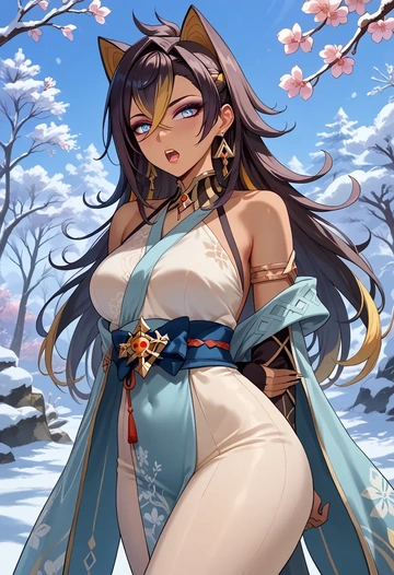 genshin impact,dehya_(genshin_impact),kimono,silk,wide-leg trousers  - AI generated anime art