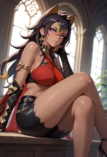 genshin impact,dehya_(genshin_impact),leather,shorts  - AI generated anime art