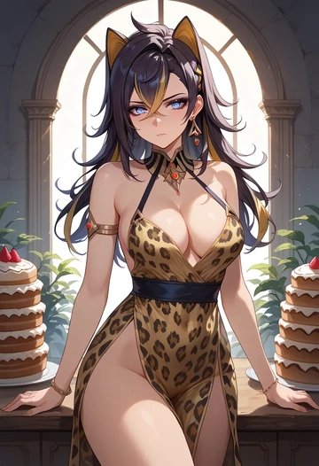 genshin impact,dehya_(genshin_impact),leopard print,silk slip dress  - AI generated anime art