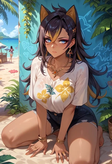 genshin impact,dehya_(genshin_impact),oversized graffiti shirt,dolphin shorts  - AI generated anime art