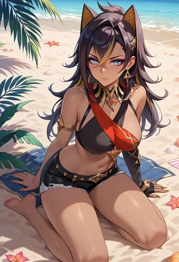 genshin impact,dehya_(genshin_impact),sleeveless swim top,shorts-style bottom,contrast stitching  - AI generated anime art