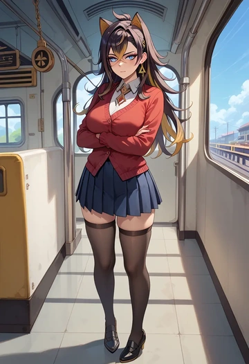 genshin impact,dehya_(genshin_impact),winter,student uniform,cardigan  - AI generated anime art