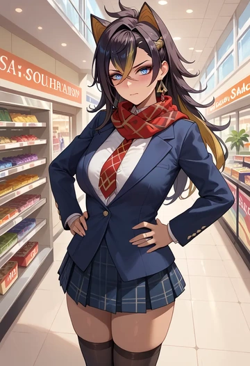 genshin impact,dehya_(genshin_impact),winter,student uniform,plaid skirt  - AI generated anime art