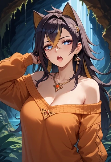 genshin impact,dehya_(genshin_impact),orange,sweater  - AI generated anime art