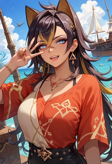 genshin impact,dehya_(genshin_impact),oversized graffiti shirt,dolphin shorts  - AI generated anime art