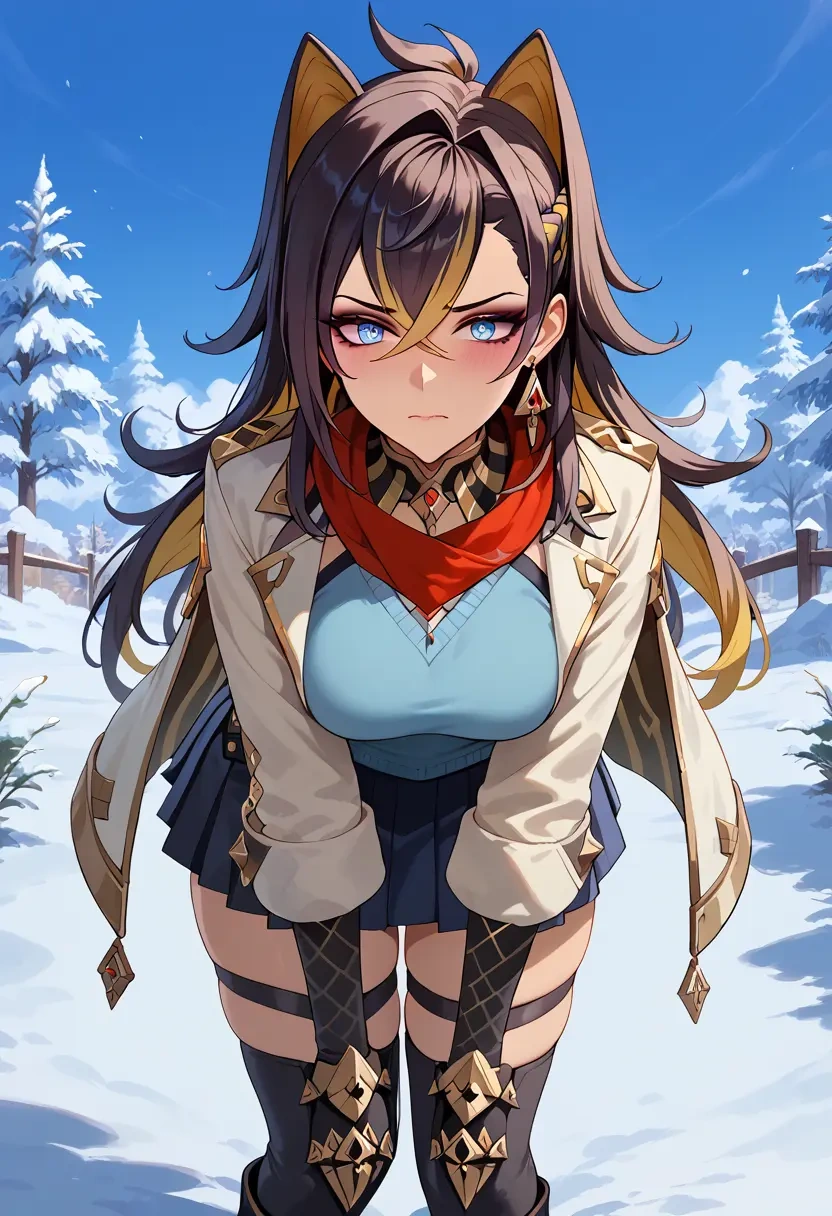 genshin impact,dehya_(genshin_impact),winter,student uniform,puffer jacket  - 