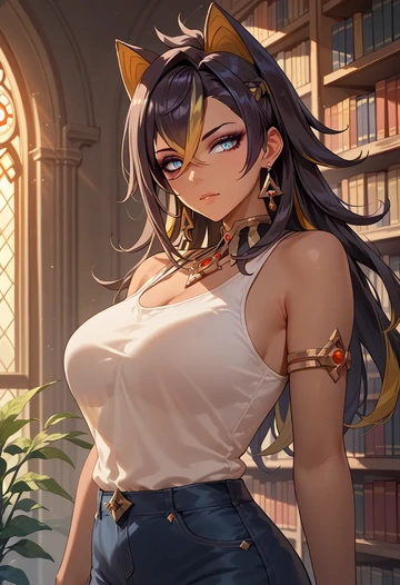 genshin impact,dehya_(genshin_impact),tank top,mesh,cycling shorts  - AI generated anime art