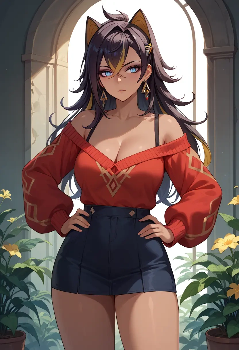 genshin impact,dehya_(genshin_impact),Hands on hips,off-shoulder,sweater  - 