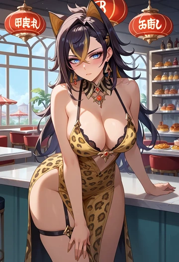 genshin impact,dehya_(genshin_impact),leopard print,silk slip dress  - AI generated anime art