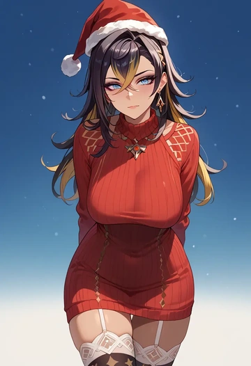 genshin impact,dehya_(genshin_impact),Christmas,sweater dress,stockings  - AI generated anime art