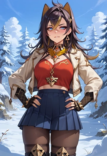 genshin impact,dehya_(genshin_impact),winter,student uniform,puffer jacket  - AI generated anime art