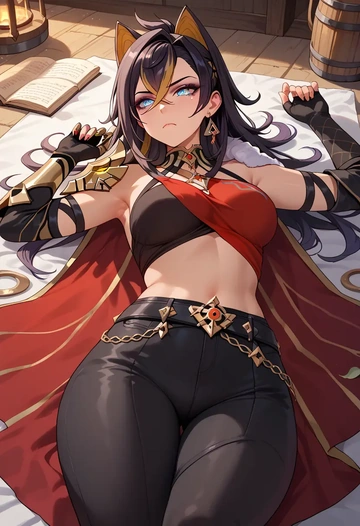 genshin impact,dehya_(genshin_impact),cape,hooded,leather pants  - AI generated anime art