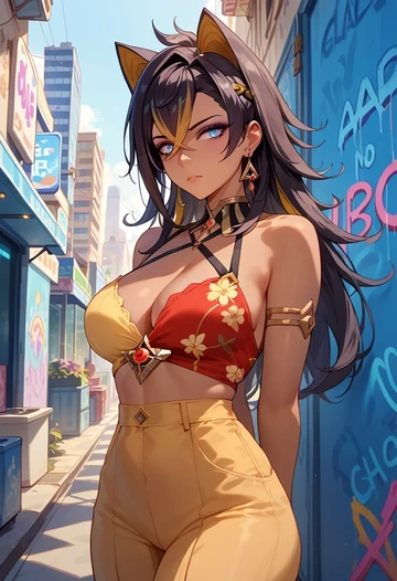 genshin impact,dehya_(genshin_impact),floral graffiti blouse,dolphin shorts  - AI generated anime art