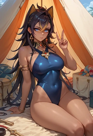 genshin impact,dehya_(genshin_impact),racerback swimsuit,striped trim,name tag patch  - AI generated anime art