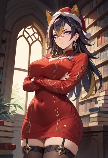 genshin impact,dehya_(genshin_impact),Christmas,sweater dress,stockings  - AI generated anime art