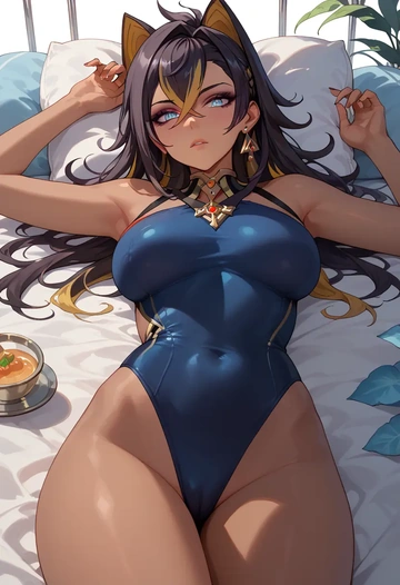 genshin impact,dehya_(genshin_impact),racerback swimsuit,striped trim,name tag patch  - AI generated anime art