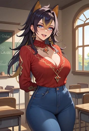 genshin impact,dehya_(genshin_impact),teacher, sweater, jeans shorts  - AI generated anime art